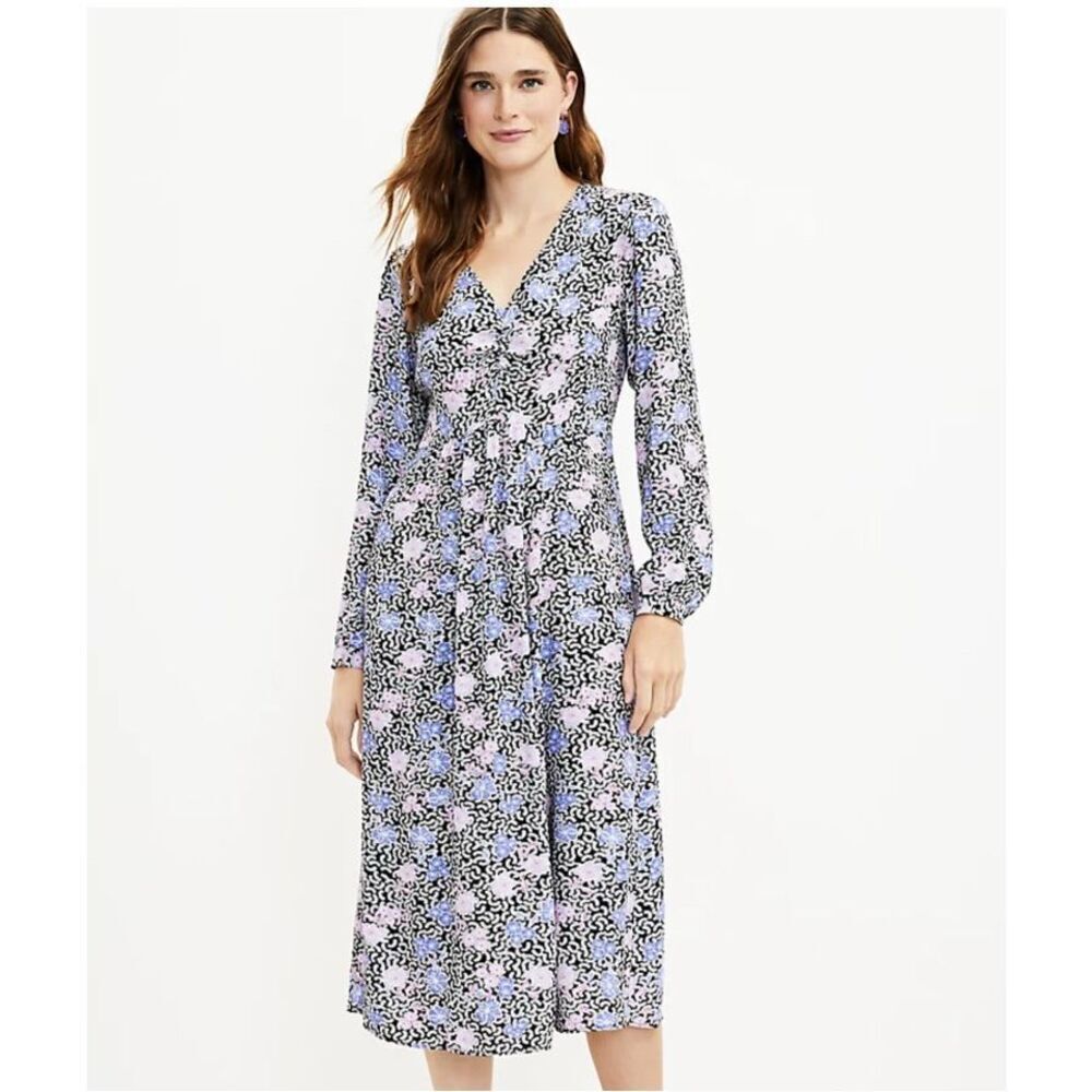 Loft Floral Print V Neck Ruched Midi Dress Size 2 Long Sleeve